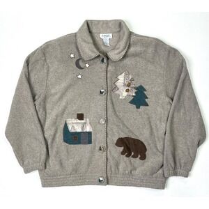 Teddi Jacket Women's XL Embroidered Pine Trees Bear House Vintage Button Fleece
